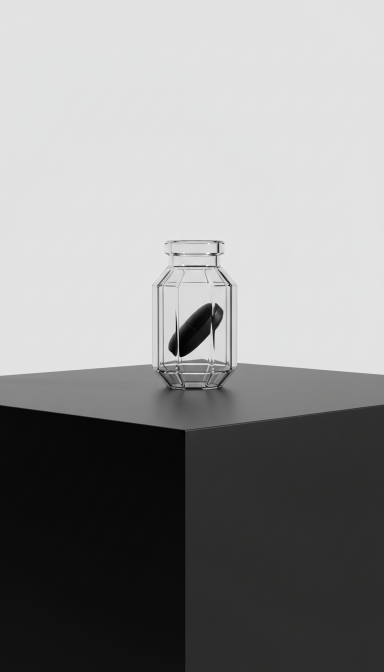 A transparent, geometric glass vial containing a single, glossy caffeine pill suspended on a smooth matte-black plinth. The background is stark white, ensuring absolute focus on the object. Harsh side lighting casts a striking, elongated shadow across the surface, emphasizing the pill’s smooth contours and the sharp angles of the vial. The overall mood is confident and futuristic, with a high-contrast minimalist aesthetic. Photographed from a slightly low angle with a centered composition to maximize the power and authority of the pill as a coffee alternative for modern professionals and active travelers.