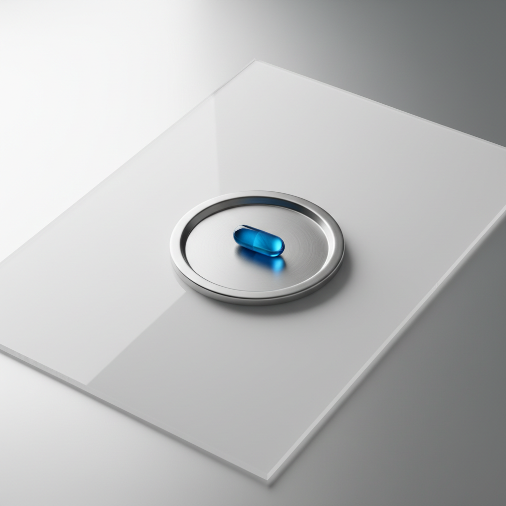 An abstract, futuristic workspace featuring a pristine matte acrylic surface with a single NRG caffeine pill centered atop a smooth metallic coaster. The background is an uninterrupted gradient from icy white to silver, with no distractions. Brilliant, high-contrast beam lighting from the top left creates a dramatic interplay of light and shadow, forming a halo effect around the pill. The mood is crisp, innovative, and intensely focused. Shot from a slight overhead angle and framed using the rule of thirds, the composition highlights both minimalism and sophistication, ideal for appealing to ambitious students and tech-savvy professionals.